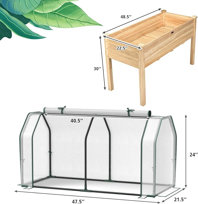 Giantex Raised Garden Bed with Mini Greenhouse w/Dual Zipper Door 47.5”x21.5”x24” Planter with Green House for Patio Lawn Garden Easy Assembly (Natural &amp White)