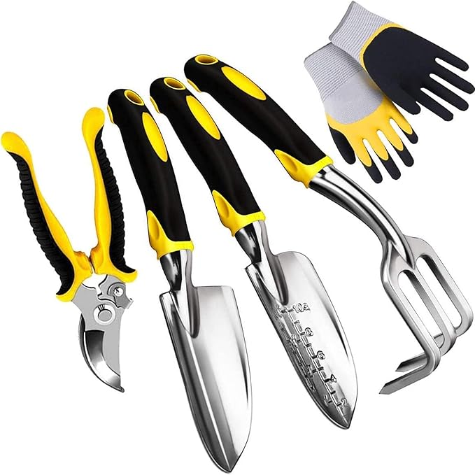 DINGFAN 5 Pcs Gardening Tools SetGarden Hand Tools Set Including Gloves Pruner Rake Transplant Trowel and Trowel for Gardener Garden Tools Kit