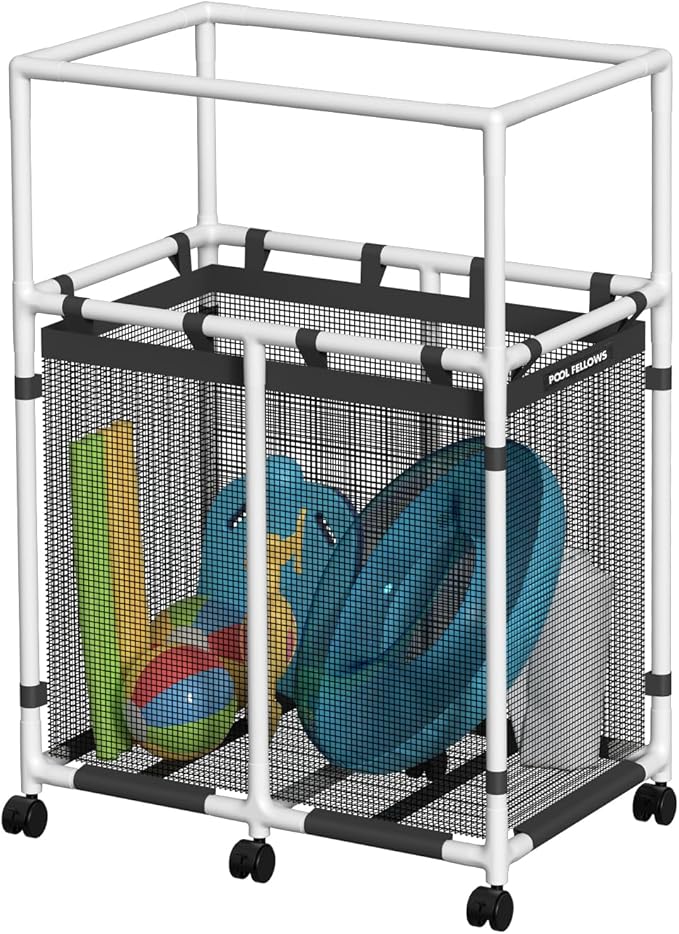 Pool Storage Bin 105 Gallons Holder for Noodles Toys Floats Towels Mesh Organizer for Swimming Equipments Basic Pro Style