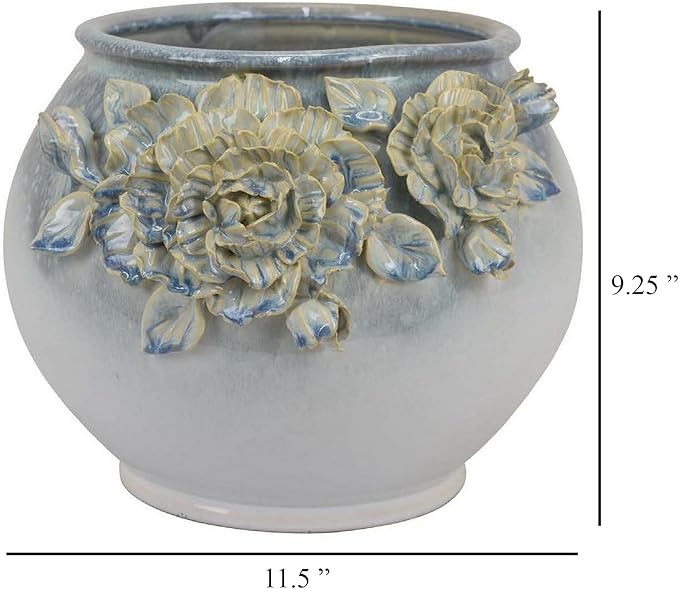 Accent Planter Floral Applique Design 12 Inch White Ceramic