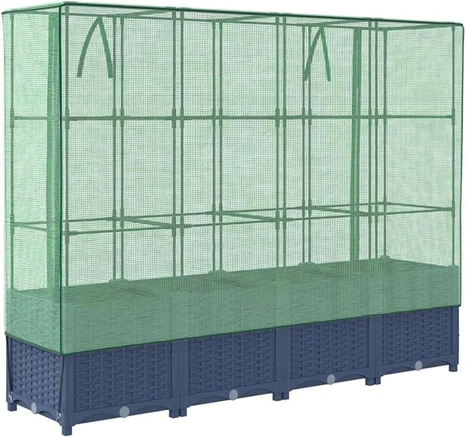 Raised Garden Bed Blue Grey Polypropylene 63x15.7x54.3 Inch Planter Box Imitation Rattan Texture Outdoor Indoor Gardening Elevated Planters for Vegetables Herbs Flowers
