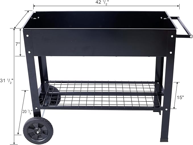 Elevated Raised Garden Bed with Legs and Wheels Mobile Metal Planter with Storage Shelf for Patio Backyard and Balcony Powder-Coated Black for Growing Vegetables Herbs and Flowers