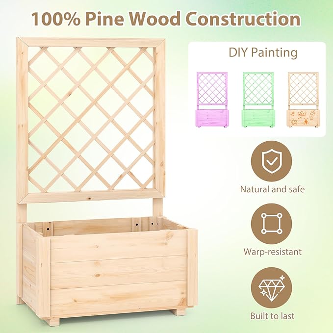 Giantex Raised Garden Bed with Trellis Wooden Elevated Planter Box for Climbing Plants Outdoor Garden Planter for Vegetables Flowers Herbs Patio Balcony Planting Box 23 x 14 x 40 Inch