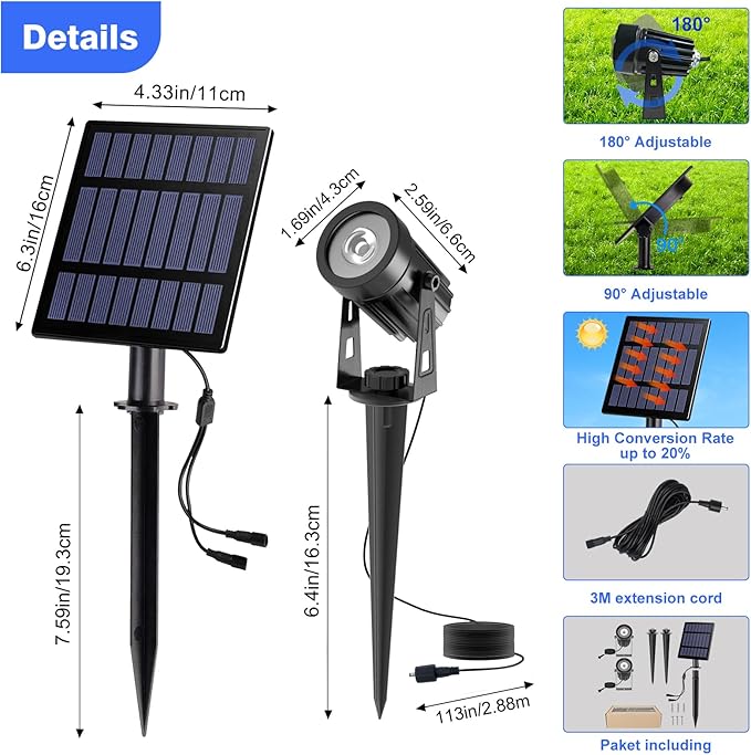 T-SUNUS Solar Landscape Spotlights Warm White IP65 Waterproof Spot Lights 9.8ft Cable Outdoor 3000K Separated Panel for Yard Garden Driveway Porch Walkway Pool Patio