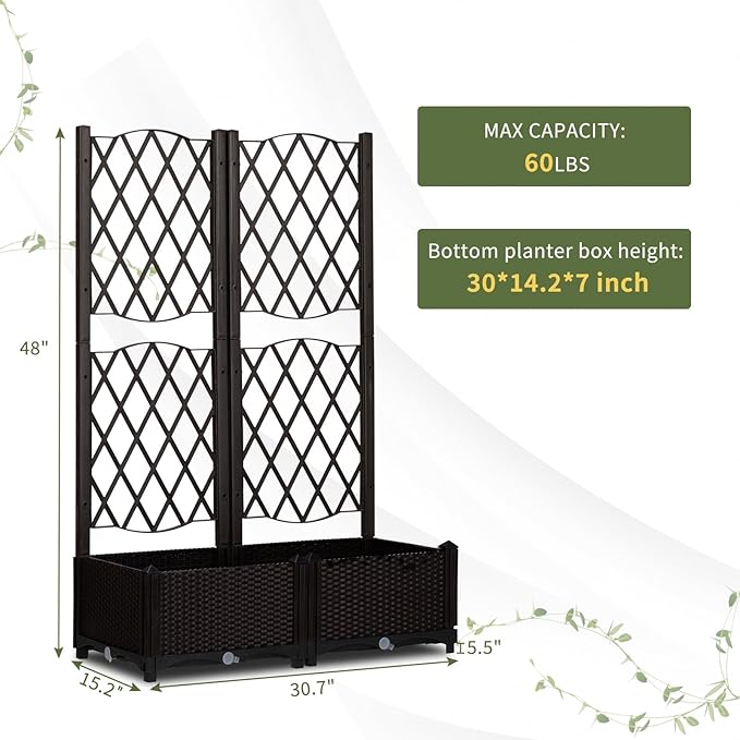 48 Outdoor Garden Flower Standing Planter BoxPlastic Planter Raised Garden Trellis BedIndoor Outdoor Flower BedVertical Pot Standwith Drainage Holesfor Patio Porch Yard Balcony (Brown)
