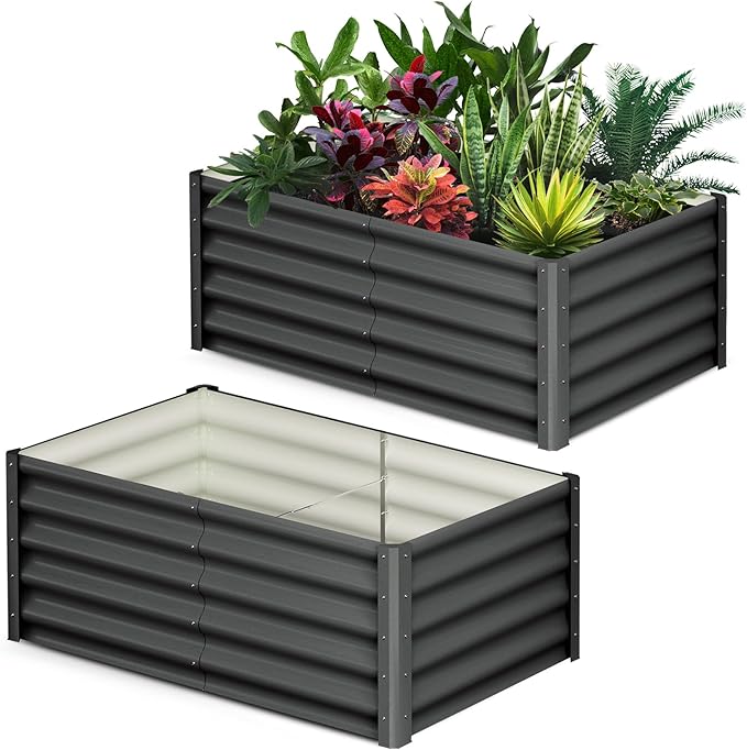 2PCS Galvanized Raised Garden Bed 6x3x1.5ft Metal Raised Garden Beds Outdoor - Heavy-Duty Planter Boxes Outdoor for Vegetables Herbs Flowers - Wave Design Open BottomDrak Grey