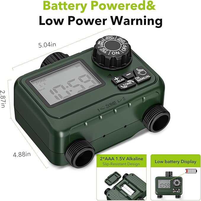 BN-LINK Sprinkler Timer Outdoor - 2 Zone Programmable Water Timer with Rain Delay Automatic Irrigation System for Lawns &amp Garden Hoses - Waterproof Manual Controller with Large LCD Display