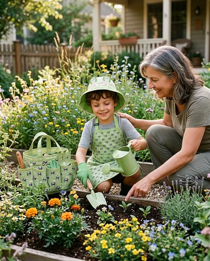 Handmade Kids Gardening Tools Set - 8Pc Artisan Garden Kit with Real Wood Handles Metal Heads Frog Hat Panda Apron &amp Tote - Nature Learning Gift for Toddlers &amp Kids (Sage Green)