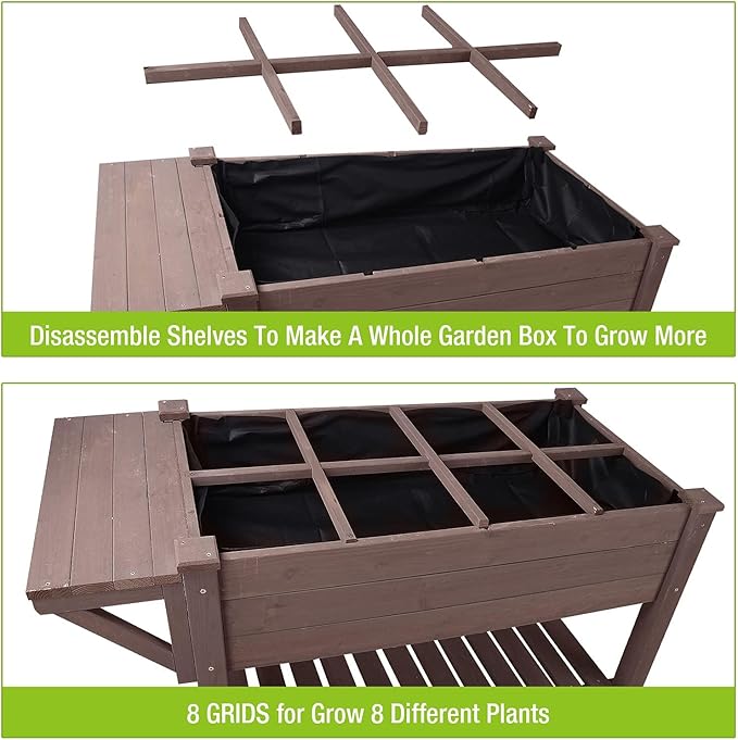 GUTINNEEN Raised Garden Bed for Herbs Patio Elevated Flower Planter Vegetable Boxes with Grow Grid - Large Storage Shelf Brown