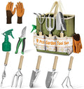 LASZOLA 9 Pcs Garden Tools Set with Tote Bag and Hand Trowel Rake Shovel Heavy Duty Stainless Steel Gardening Kit for Outdoor Plant Standable Portable Handbag Organizer Ideal for Women Mom Green