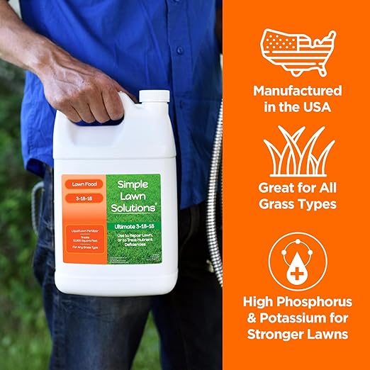 Ultimate 3-18-18 Lawn Food Liquid Fertilizer- Easy to Use Concentrated Spray- Any Grass Type- Summer &amp Fall - Simple Lawn Solutions- Turf Hardiness &amp Root Vigor- Phosphorus and Potassium (1 Ga