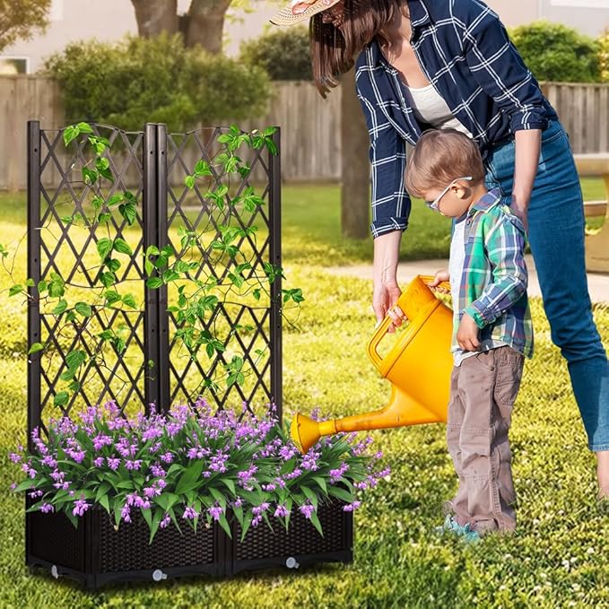 Wicker Raised Garden Bed with TrellisOutdoor Raised Bed Free-Standing Trellis Planter Box for Vine Climbing Plants and Flowers in Garden Patio Balcony