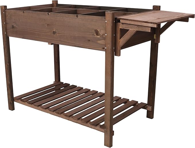 8 Pockets Horticulture Raised Garden Bed Elevated Wood Planter Box Stand with Foldable Side Table and Storage Shelf for HerbVegetablesFlowers Dark Brown Color