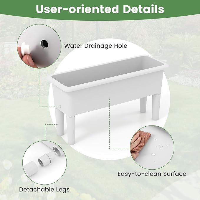 Raised Garden Bed Set of 2 31.5 x 12 x 16 Self-Watering Planter Box w/Removable Legs &amp Drainage Holes Plastic Rectangular Garden Bed for Flowers Herbs Backyard Patio Balcony (White)