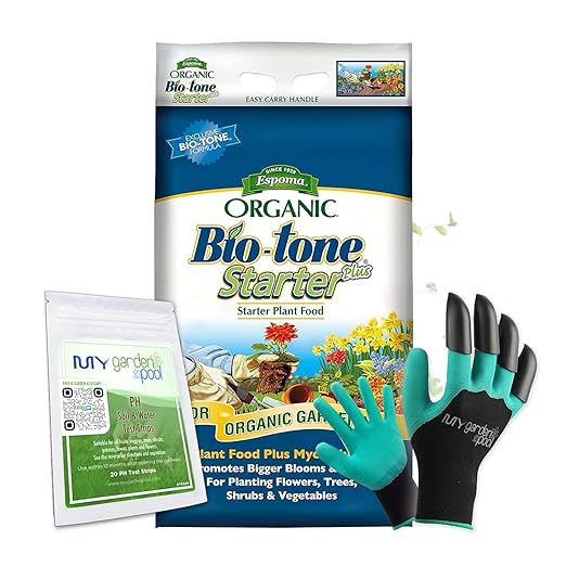 Espoma BTSP18 Bio-Tone Starter Plus 18 lb. Bag with My Garden Pool PH Soil Test Strips 20 ct and Superior Gardening Claw Gloves and Garden-IQ Smart Gardening AI Assistant!