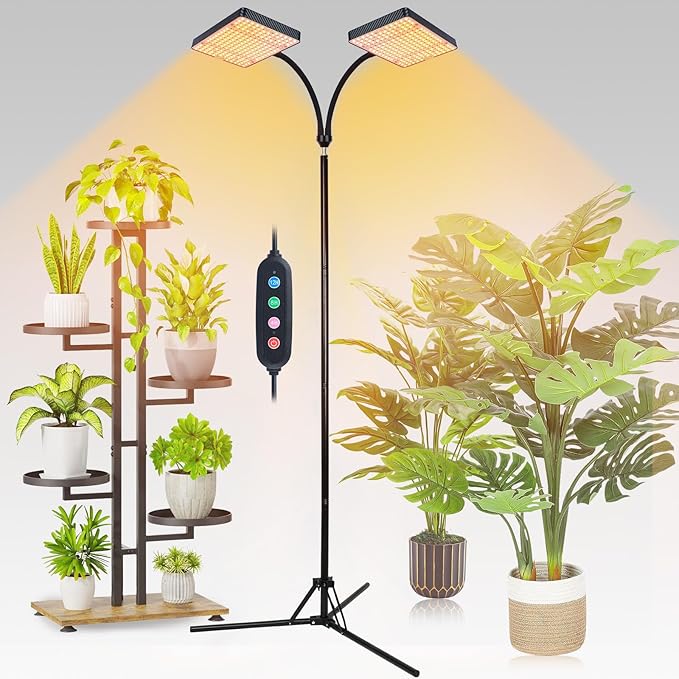 FECiDA 2026 2Head Grow Lights with Upgraded Stand Big Coverage Grow Lights for Indoor Large Plants Bonsai Tree 4/8/12/16/20 Hr Timer 50 Watt Power Draw NO Need Adapter 24-76 Height Adjustable