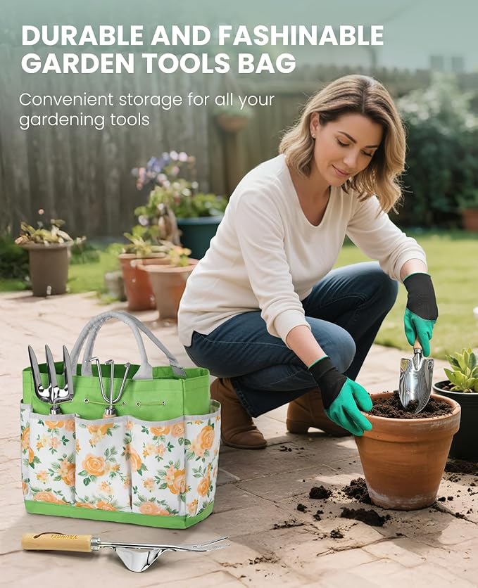 Gardening Tools - 10 Piece Heavy Duty Gardening Hand Tools Stainless Steel Garden Tools with Wooden Handle Storage Garden Bag Gardening Gifts for Women and Men
