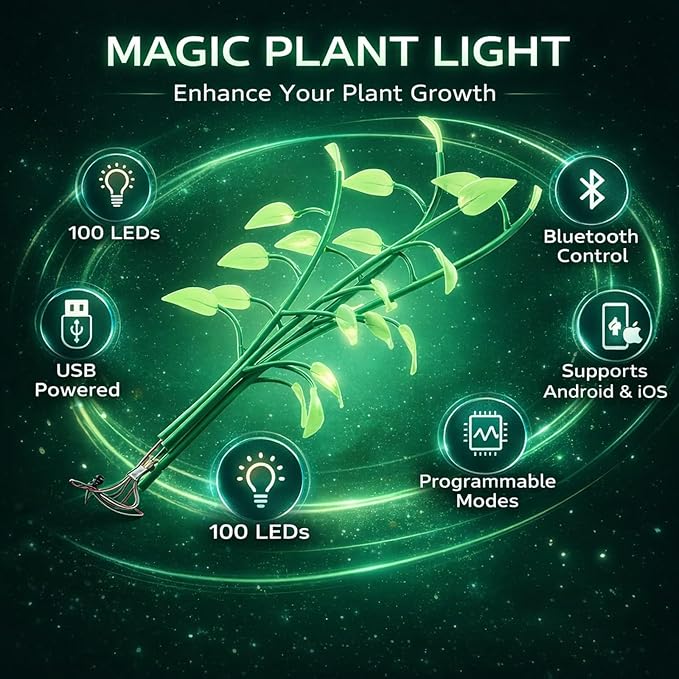 LED Houseplant Lamp 100LED Programmable Green Plastic USB Powered - Color Changeable Bluetooth Control Indoor Decor and Night Light