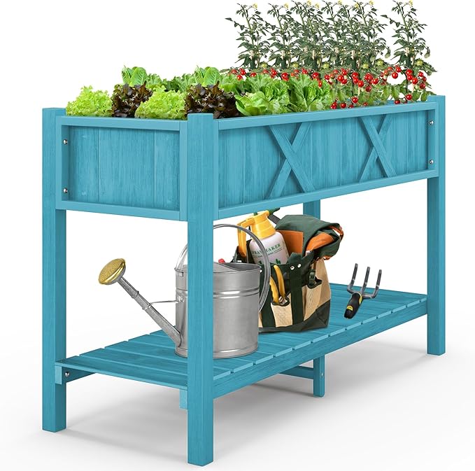 Raised Garden Bed with Legs 47 x 18 x 29 Inch Elevated Planter Box w/HIPS Frame Drainage Holes &amp Storage Shelf Standing Raised Planter for Flowers Herbs Outdoor Balcony Backyard (Blue)