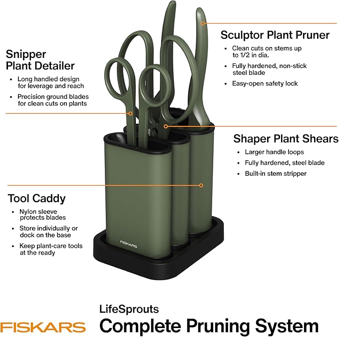 Fiskars Indoor Plant Care 3-Piece Set Precision Gardening Tools with Nesting Storage Caddy Detail Snips Stem Shears &amp Bypass Pruner for Trimming &amp Shaping Houseplants Stainless Steel Blade