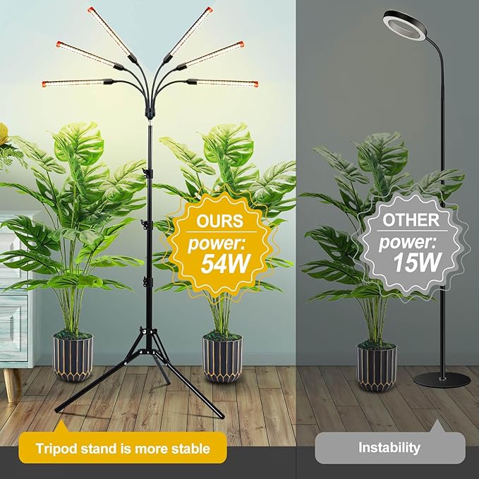 54 Watt Grow Lights for Indoor Plants with Stand Standing Tall Plant Light 48121620H Timer Full Spectrum Bonsai Tree Grow Light 24-64 Adjustable Tripod Stand Plant Growing Lamps