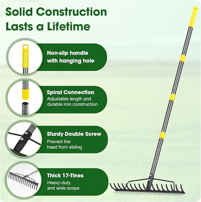 Heavy Duty Bow Rake 17 Tines Metal Garden Rake with Adjustable Handle for Leaves Lawn Soil Sod - 35-67 Metal Handle (Black)