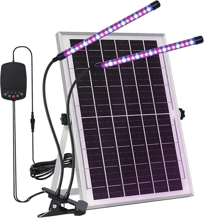 Solar Grow Lights with Batteries 2 Heads Clip Plant Growing Lamp with Red Blue Spectrum for Indoor Plants 3/9/12H Timer 3 Dimmable Level Adjustable Gooseneck3 Switch Modes Auto On Off