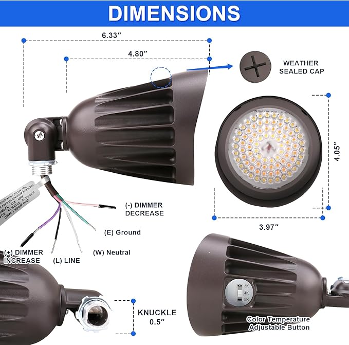 OSTEK 25W LED Bullet Spotlight - 3500LM 3CCT Selectable (3000K/4000K/5000K) 0-10V Dimmable IP65 Landscape Flood Light with Knuckle Mount UL DLC Listed (120-277V) (1-Pack)