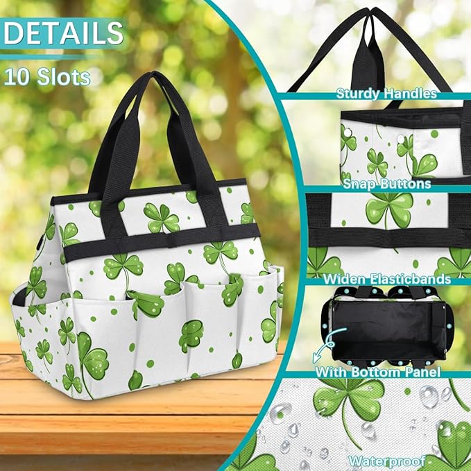 Clover Gardening Tool BagHeavy Duty Garden Tote BagPortable Oxford Leaf Gardening Storage Basket Organizer Handbag with Pockets HandleHand Tools Gifts for Outdoor Garden Lawn Yard