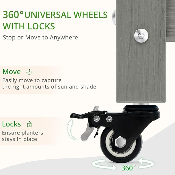 LUE BONA Raised Garden Bed with Wheels 48 * 16.7 * 28 in Poly Elevated Outdoor Planter Box with Tools Weather Resistant Standing Growing Bed Herb Planter for Vegetable Flowers Fruits