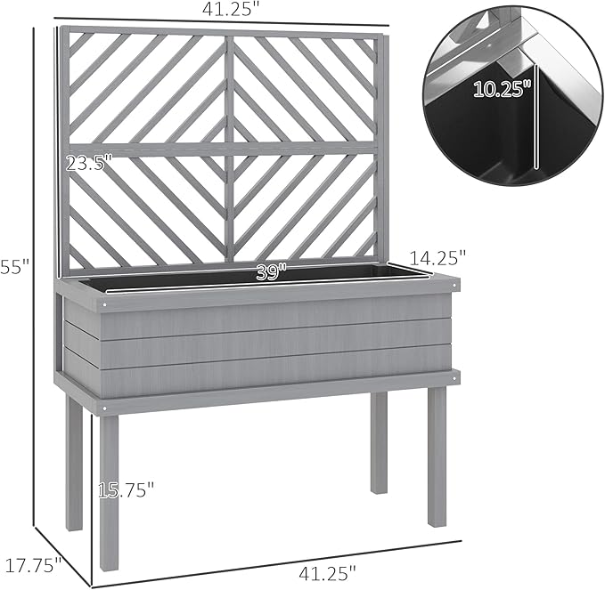 Standing Garden Bed with Built-in Trellis Elevated Wood Planter with Legs &amp Drainage Holes Comfortable Height for Climbing Vegetables &amp Flowers (Grey)