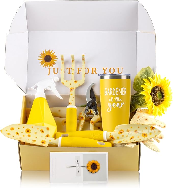 Garden Tool Set with Sunflower Print Heavy Duty Gardening Hand Tools with Garden Tool BagGardening Gifts for Women&ampMenYellow