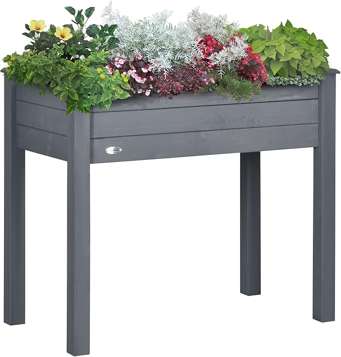 Raised Garden Bed with Legs 34 x 18 x 30 Elevated Wooden Planter Box Self Draining with Bed Liner for Vegetables Herbs and Flowers Backyard Patio Balcony Use Dark Gray