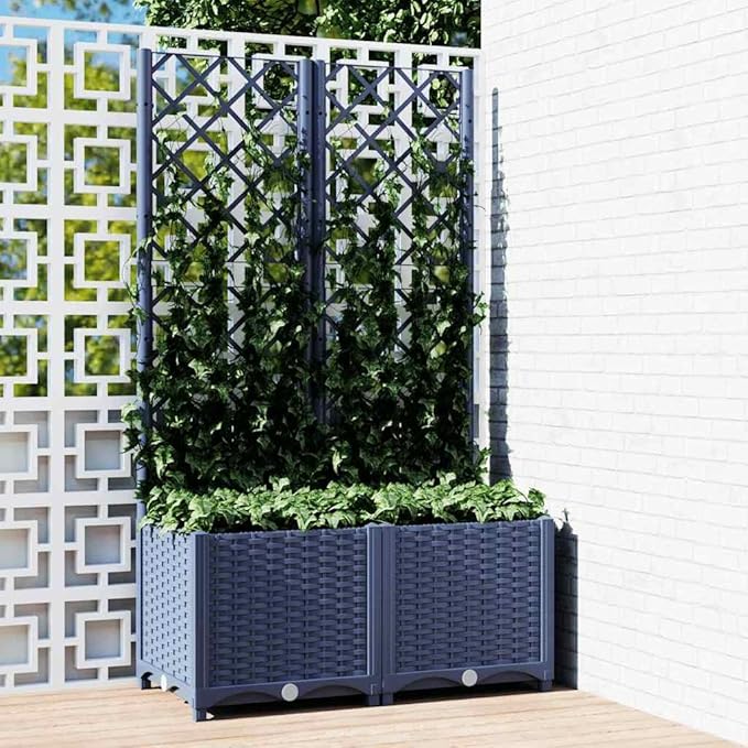 Large Garden Planter with Trellis Blue Grey Polypropylene 31.5x15.7x53.5 Inch Outdoor Raised Garden Bed for Climbing Plants Patio Balcony Decor