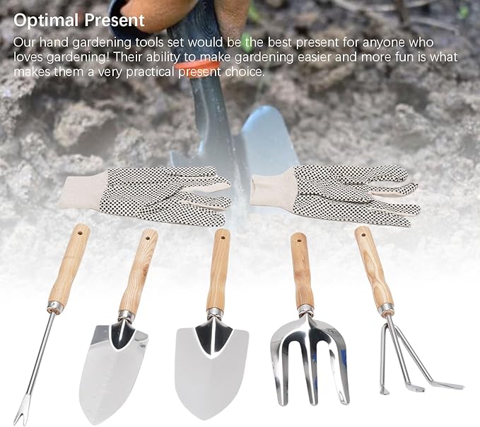 7pcs Gardening Hand Tools Set Stainless Steel Shovel Trowel Weed Puller Hand Fork with Wooden Handle for Weeding Planting Shoveling
