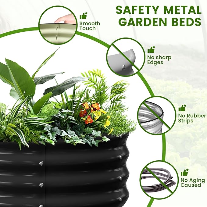 3 Pcs 2x2x1ft Round Galvanized Raised Garden Bed Kit with Tomato Cages Metal Planter Box Outdoor Raised Garden Beds for Gardening Vegetables Flowers Black