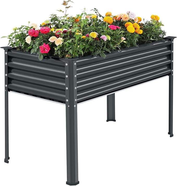 Land Guard Galvanized Raised Garden Bed with Legs 48×24×32in Large Metal Elevated Raised Planter Box with Drainage Holes for Backyard Patio Balcony 700lb Capacity(Grey)……