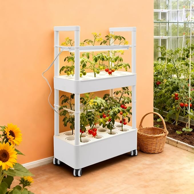 Hydroponics Growing System28-Hole Indoor Herb Garden Kit with 4 LED Grow Light 2-Tier Indoor Plant SystemAuto Water Circulation &amp 7.39Gal Water Tanks (No SeedWhite 2Layer-28Pods)