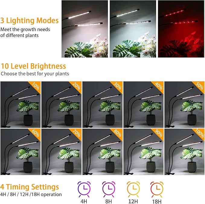 Black Grow Lights for Indoor Plants 168 LEDs Clip Plant Lights Full Spectrum LED Plant Growing Lamps with Flexible Gooseneck 4/8/12/18H Timer 3 Spectral Modes 10 Dimmable Levels 2Head x 2 Pack
