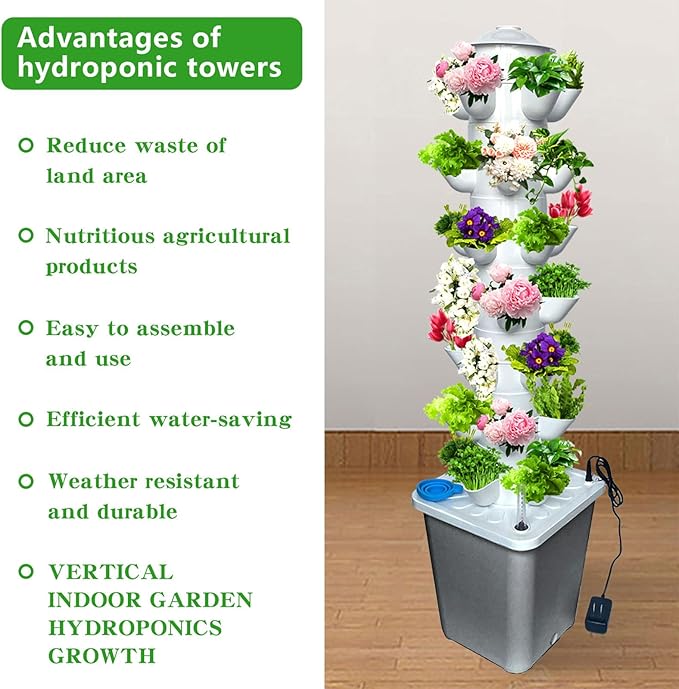 35 Pots Hydroponic Tower Hydroponics Growing System Tower Vertical Tower Planter Pump Tower with Timer Automatic Watering Irrigation Pump and Movable Water Tank for Hydroponic Lovers Grey