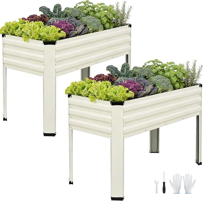 Galvanized Raised Garden Bed with Legs 2 Pack 48x24x32in Elevated Raised Garden Bed Outdoor with Drainage Holes Planter Boxes for Gardening Vegetable Flower Fruit in Backyard Patio Balcony (White)