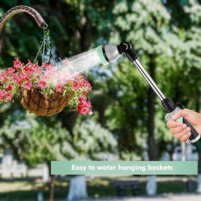 RESTMO Metal Watering Wand Heavy Duty Garden Hose Wand with 180° Swivel Ratcheting Head 16'' Hose Nozzle Sprayer with 7 Spray Patterns and Flow Control for Water Hanging Baskets and Shrubs Cyan