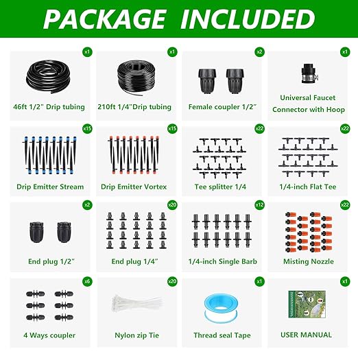 256FT Automatic Drip Irrigation System KitAutomatic Garden Watering Misting System for Greenhouse Yard Plant Lawn with 1/2 inch Hose 1/4 inch Distribution Tubing and Accessories