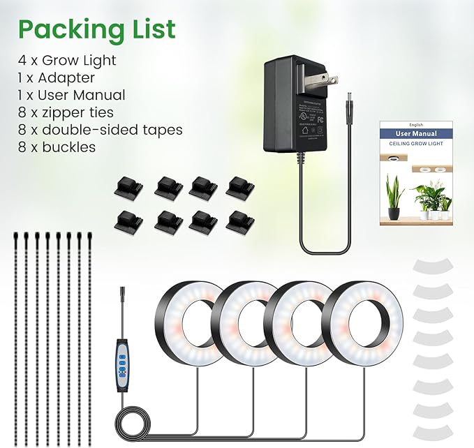Wiaxulay Grow Lights for Indoor Plants 192 LED Full Spectrum Plant Lights for Indoor Growing 12V/2A Under Cabinet Grow Lamp with Auto Timer 6/12/16 Hrs 3 Lighting Mode 5 Brightness Four Head