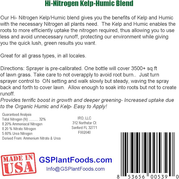 GS Plant Hi-Nitrogen Kelp-Humic Blend 32-0-0 - Promotes Quick Growth and Lush Color Covers 3000+ Square Feet