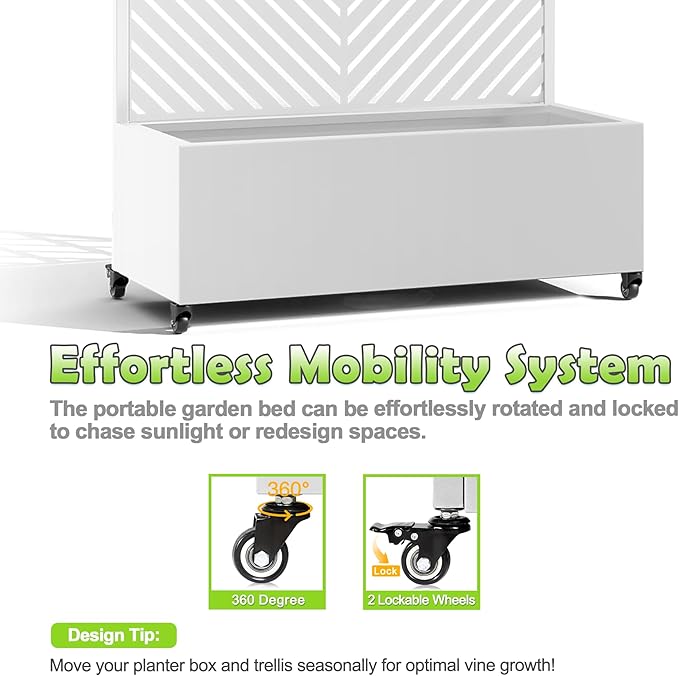 15.7×70.9×35.4 Metal Raised Garden Bed with Trellis and Wheels - Tall Trellis Planter Box for Climbing Plants Vegetables &amp Vines - Outdoor Privacy Planters for Patio (White-Parallel)
