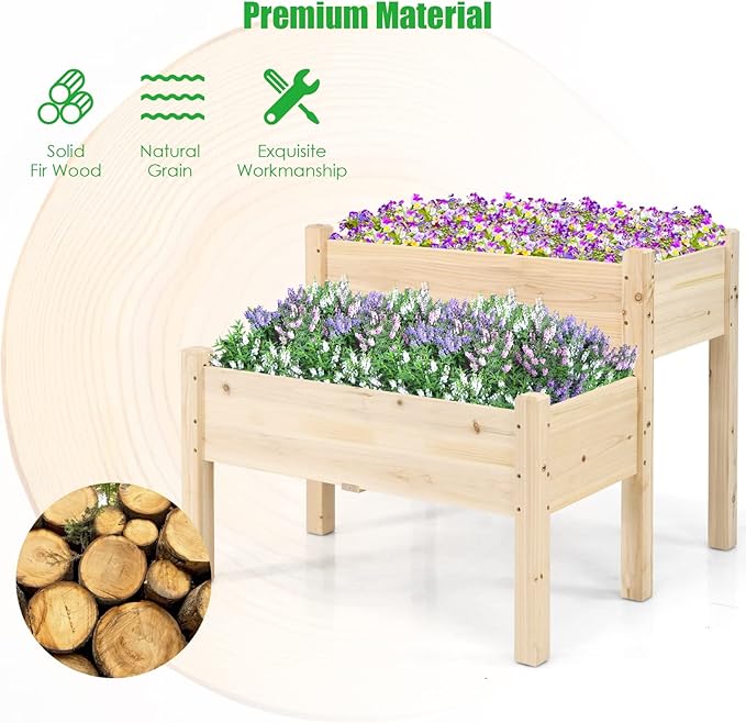 COSTWAY Raised Garden Bed 2-Tier Wooden Elevated Planter Box Stand with Legs for Vegetables Flowers Herbs Outdoor Indoor Garden Bed Kits for Backyard Patio Balcony Patio Natural