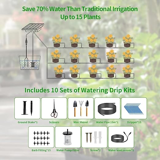Solar Automatic Drip Irrigation Kit - 25 Timer Modes Smart Watering System for 15 Plants 900ml/min High Flow with IP54 Waterproof 49FT Indoor/Outdoor Garden Kit for Vacation &amp Busy Plant Lovers