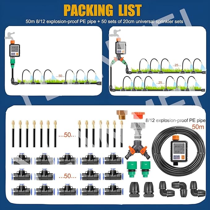 Quick-Connect Drip Irrigation System Kit360°Bendable Automatic Garden Watering SystemAdjustable Nozzle Copper Sprayer Sprinklersfor Greenhouse Yard Lawn Plant 50m/164ft+Timer