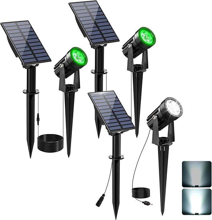 Solar Spot Lights Outdoor Solar Landscape Spotlights IP65 Waterproof 9.8ft CableAuto On/Off Outdoor Wall Lights for Garden Yard Driveway Porch Walkway Pool (6000K White+Green)